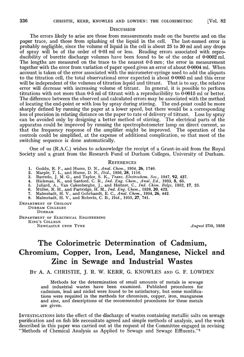 The colorimetric determination of cadmium, chromium, copper, iron, lead, manganese, nickel and zinc in sewage and industrial wastes