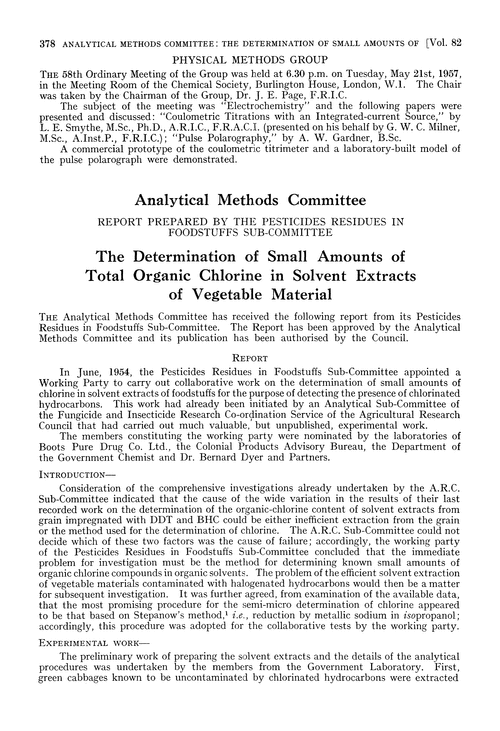 The determination of small amounts of total organic chlorine in solvent extracts of vegetable material