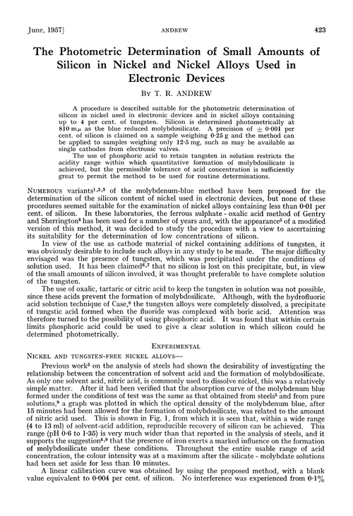 The photometric determination of small amounts of silicon in nickel and nickel alloys used in electronic devices