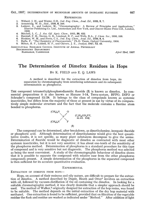 The determination of dimefox residues in hops