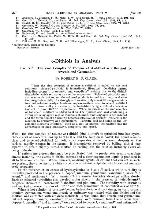 o-dithiols in analysis. Part V. The zinc complex of toluene-3:4-dithiol as a reagent for arsenic and germanium