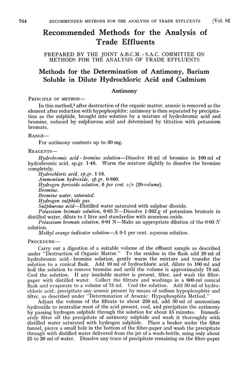 Methods for the determination of antimony, barium soluble in dilute hydrochloric acid and cadmium
