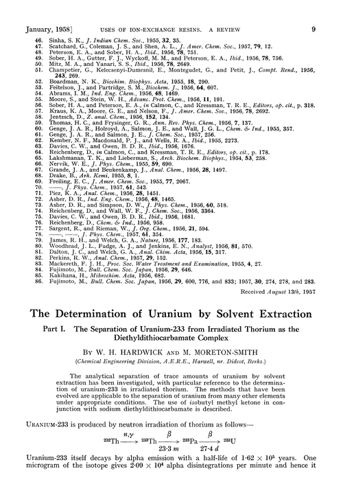 The determination of uranium by solvent extraction. Part I. The separation of uranium-233 from irradiated thorium as the diethyldithiocarbamate complex
