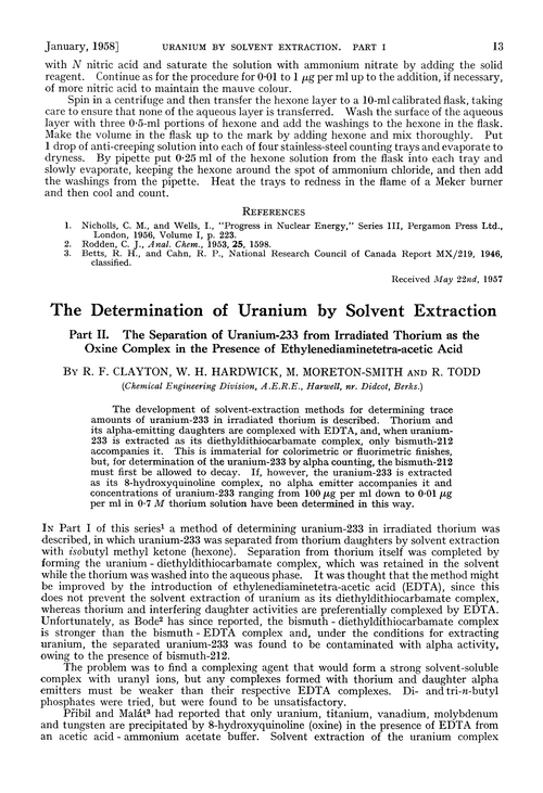 The determination of uranium by solvent extraction. Part II. The separation of uranium-233 from irradiated thorium as the oxine complex in the presence of ethylenediaminetetra-acetic acid