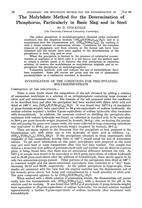 The molybdate method for the determination of phosphorus, particularly in basic slag and in steel