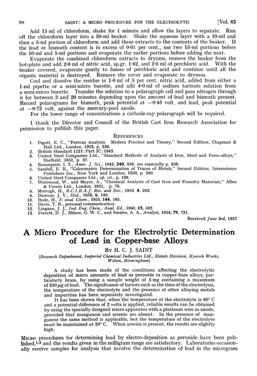 A micro procedure for the electrolytic determination of lead in copper-base alloys