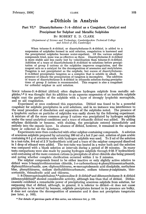 o-Dithiols in analysis. Part VI. Diacetyltoluene-3:4-dithiol as a coagulant, catalyst and precipitant for sulphur and metallic sulphides