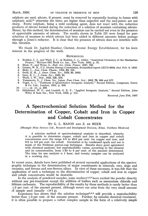 A spectrochemical solution method for the determination of copper, cobalt and iron in copper and cobalt concentrates