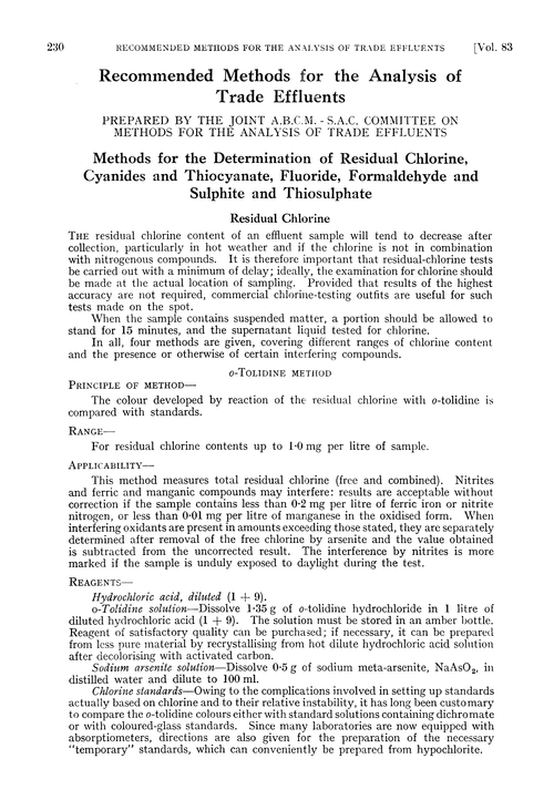Methods for the determination of residual chlorine, cyanides and thiocyanate, fluoride, formaldehyde and sulphite and thiosulphate