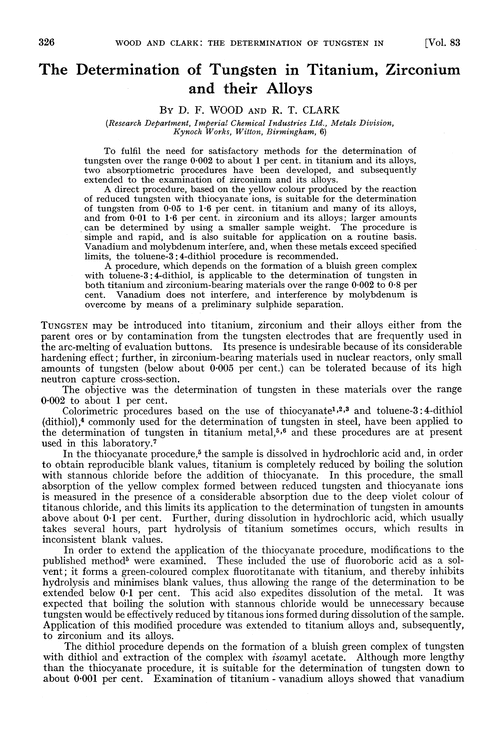 The determination of tungsten in titanium, zirconium and their alloys