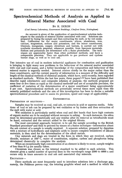 Spectrochemical methods of analysis as applied to mineral matter associated with coal