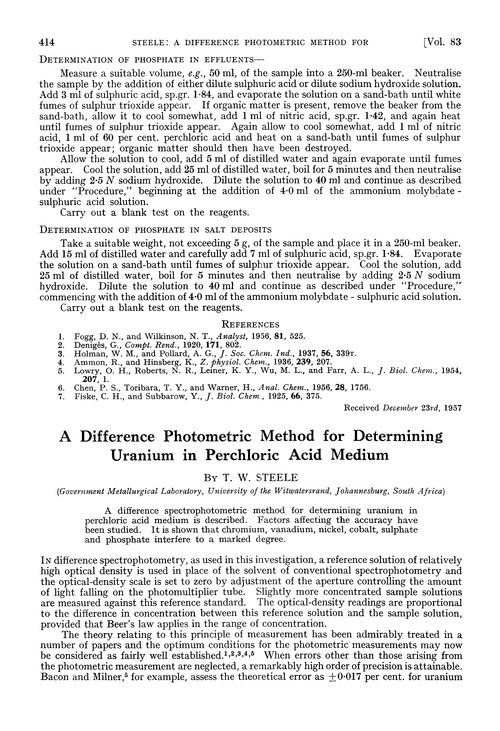 A difference photometric method for determining uranium in perchloric acid medium