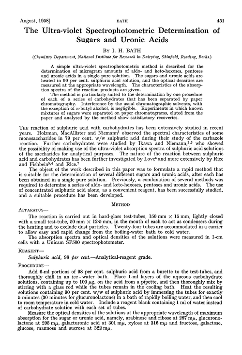 The ultra-violet spectrophotometric determination of sugars and uronic acids