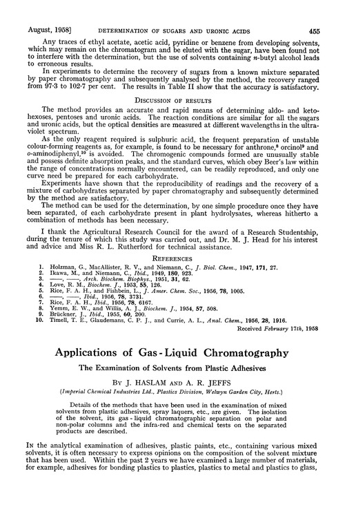 Applications of gas-liquid chromatography. The examination of solvents from plastic adhesives