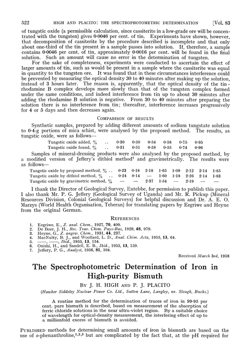 The spectrophotometric determination of iron in high-purity bismuth