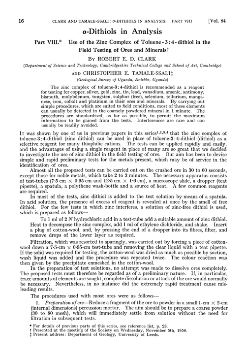o-Dithiols in analysis. Part VIII. Use of zinc complex of toluene-3:4-dithiol in the field testing of ores and minerals
