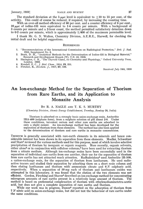 An ion-exchange method for the separation of thorium from rare earths, and its application to monazite analysis