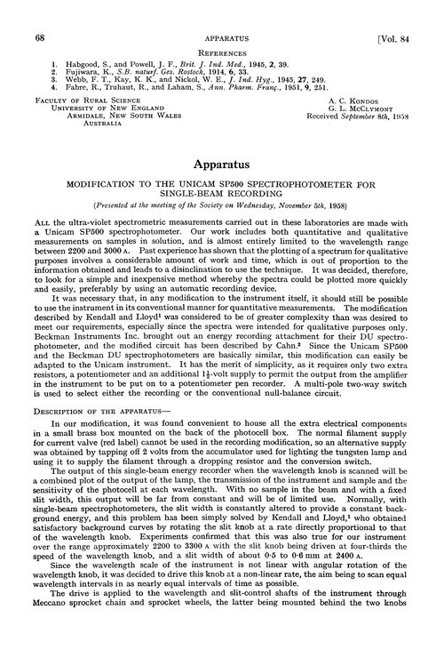 Apparatus. Modification to the Unicam SP500 spectrophotometer for single-beam recording