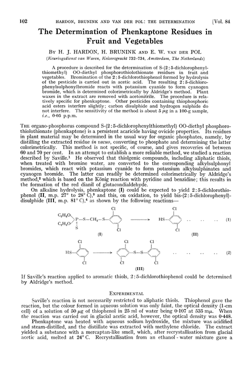 The determination of phenkaptone residues in fruit and vegetables