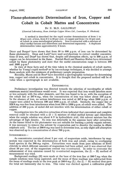 Flame-photometric determination of iron, copper and cobalt in cobalt mattes and concentrates