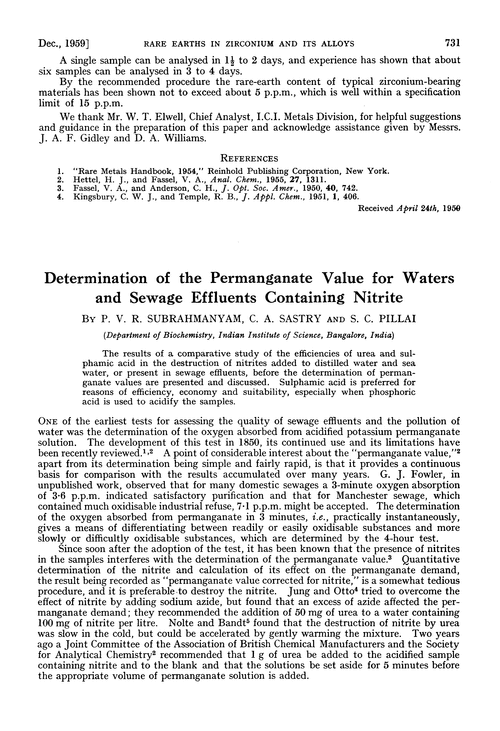 Determination of the permanganate value for waters and sewage effluents containing nitrite