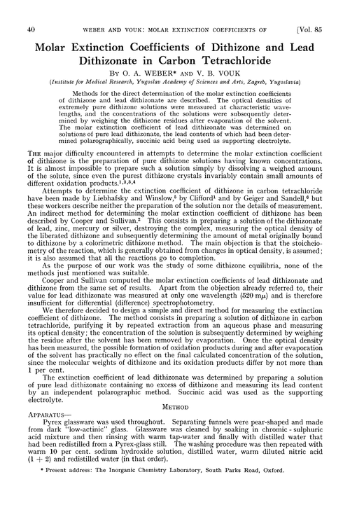 Molar extinction coefficients of dithizone and lead dithizonate in carbon tetrachloride