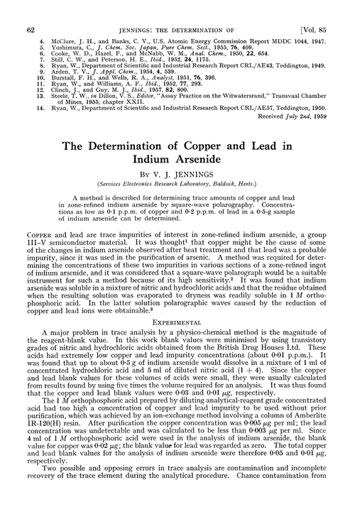 The determination of copper and lead in indium arsenide