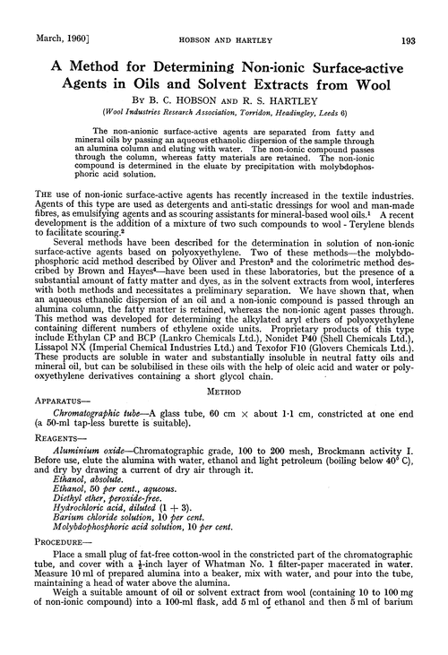 A method for determining non-ionic surface-active agents in oils and solvent extracts from wool