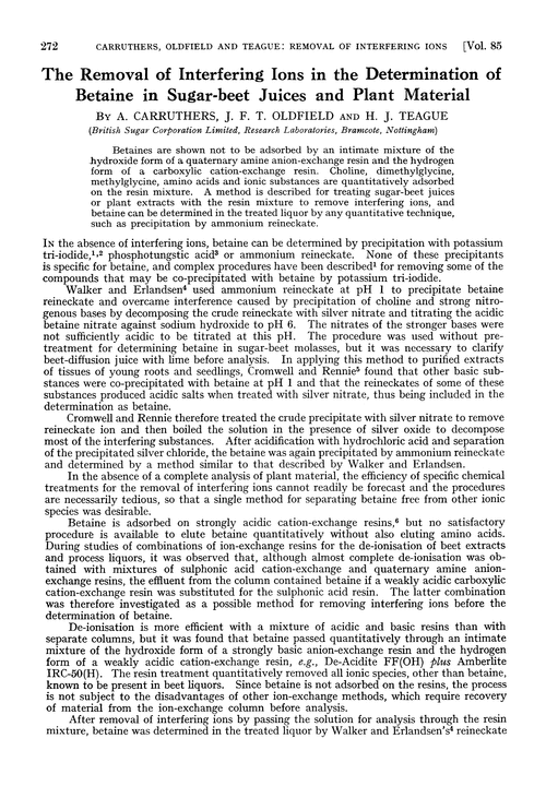 The removal of interfering ions in the determination of betaine in sugar-beet juices and plant material