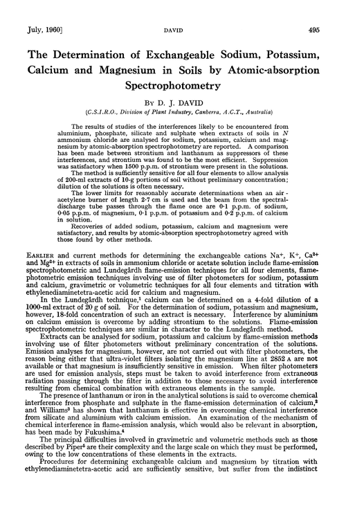 The determination of exchangeable sodium, potassium, calcium and magnesium in soils by atomic-absorption spectrophotometry