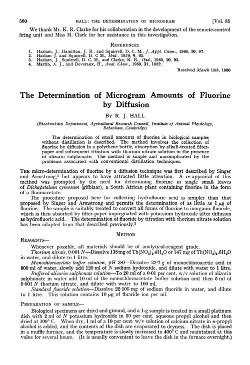 The determination of microgram amounts of fluorine by diffusion