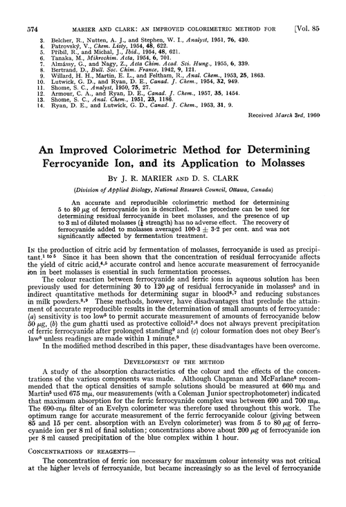 An improved colorimetric method for determining ferrocyanide ion, and its application to molasses