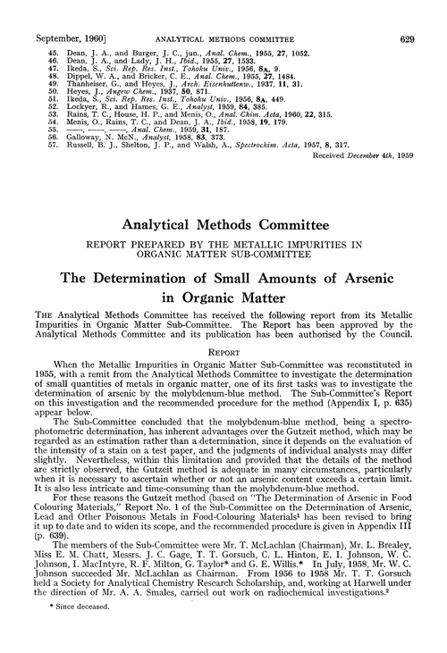 The determination of small amounts of arsenic in organic matter