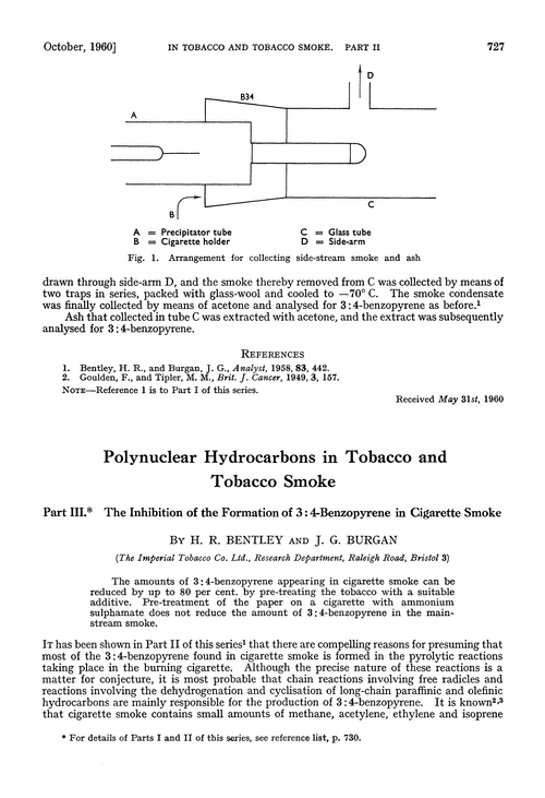 Polynuclear hydrocarbons in tobacco and tobacco smoke. Part III. The inhibition of the formation of 3:4-benzopyrene in cigarette smoke
