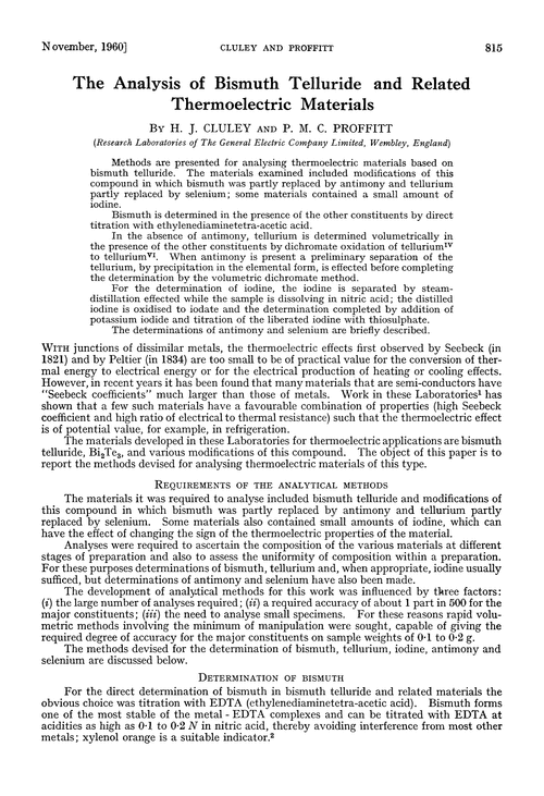 The analysis of bismuth telluride and related thermoelectric materials