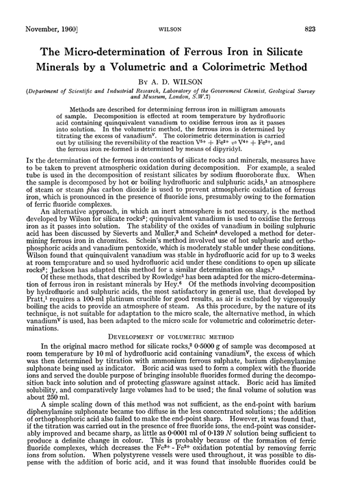 The micro-determination of ferrous iron in silicate minerals by a volumetric and a colorimetric method