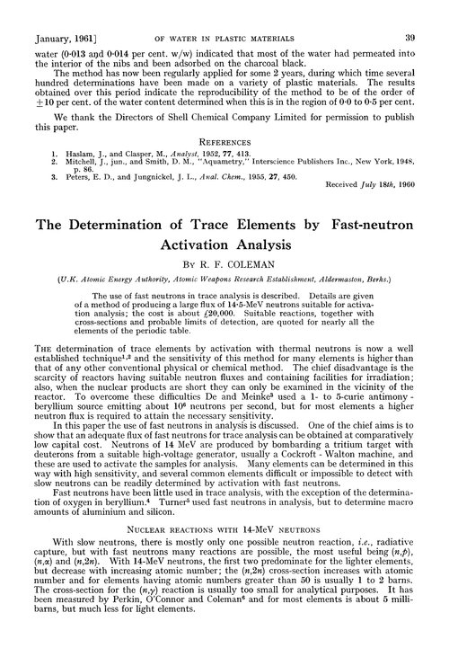 The determination of trace elements by fast-neutron activation analysis