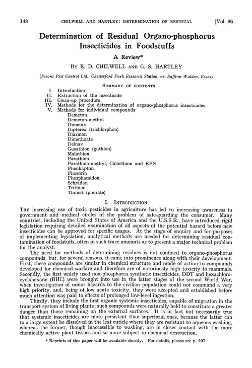 Determination of residual organo-phosphorus insecticides in foodstuffs. A review