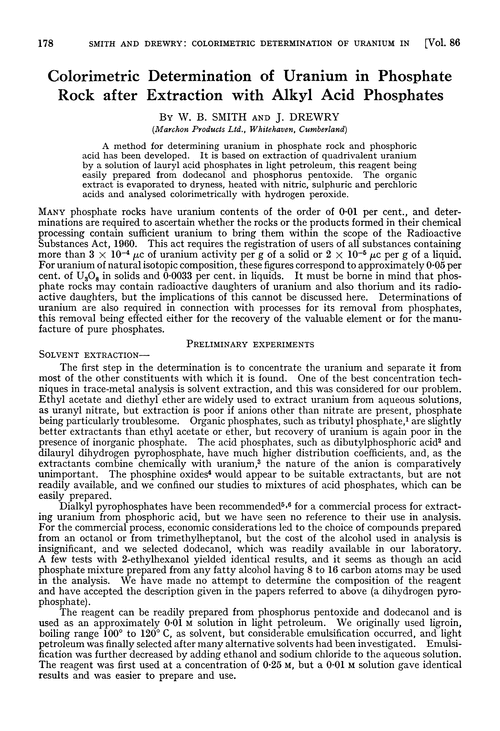 Colorimetric determination of uranium in phosphate rock after extraction with alkyl acid phosphates