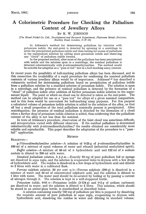 A colorimetric procedure for checking the palladium content of jewellery alloys