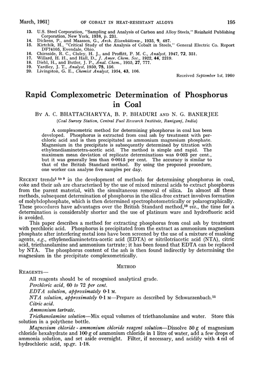 Rapid complexometric determination of phosphorus in coal