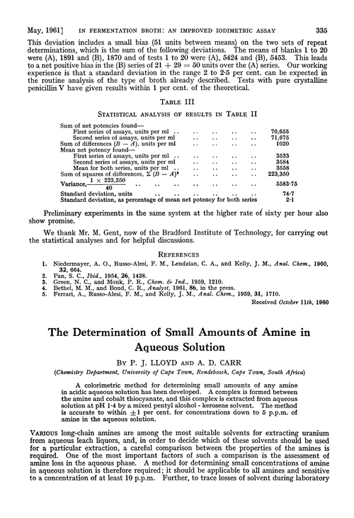 The determination of small amounts of amine in aqueous solution