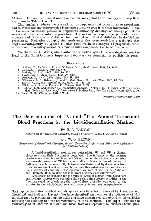 The determination of 14C and 32P in animal tissue and blood fractions by the liquid-scintillation method