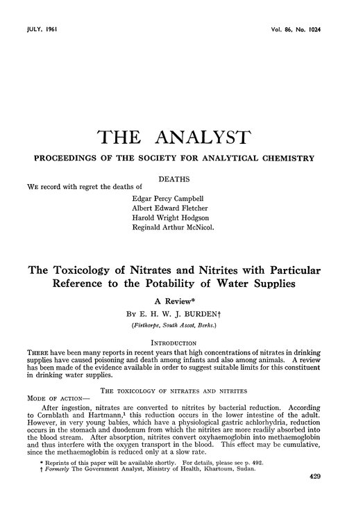 The toxicology of nitrates and nitrites with particular reference to the potability of water supplies. A review