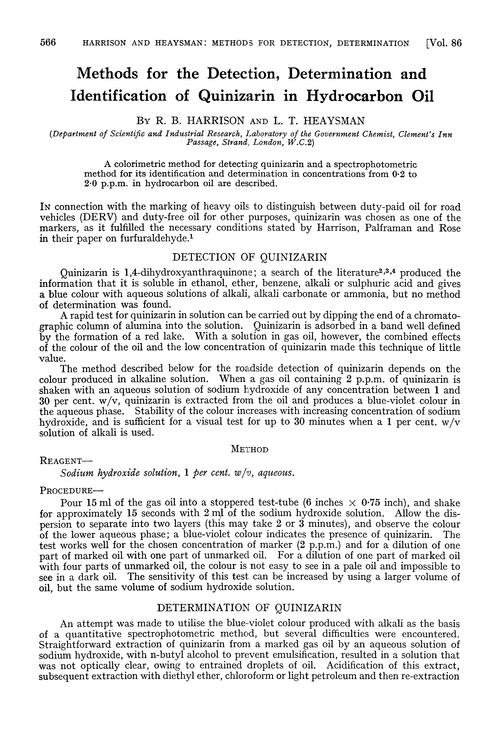 Methods for the detection, determination and identification of quinizarin in hydrocarbon oil
