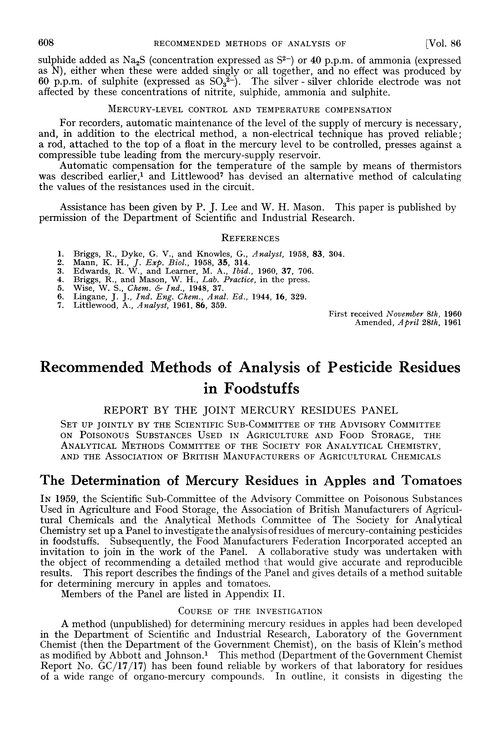 The determination of mercury residues in apples and tomatoes