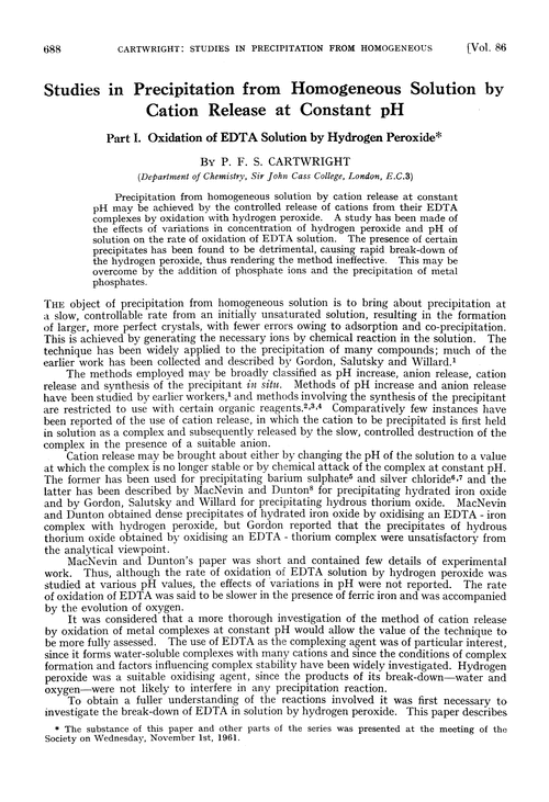 Studies in precipitation from homogeneous solution by cation release at constant pH. Part I. Oxidation of EDTA solution by hydrogen peroxide