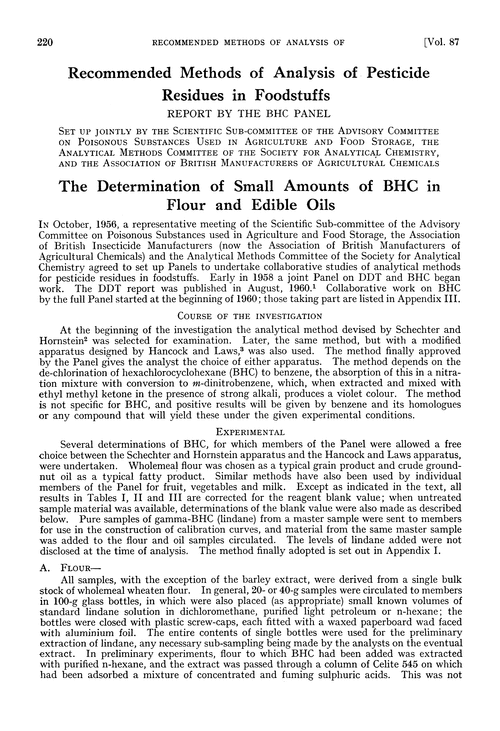 The determination of small amounts of BHC in flour and edible oils