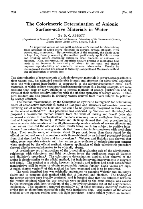 The colorimetric determination of anionic surface-active materials in water