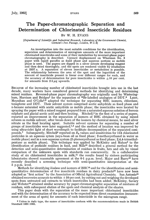 The paper-chromatographic separation and determination of chlorinated insecticide residues